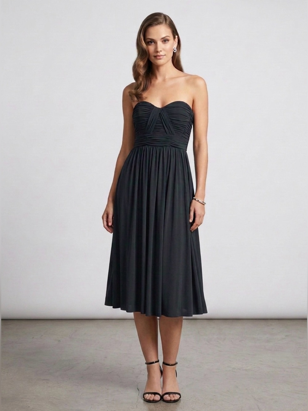 GIANNI BINI STRAPLESS DRESS BLACK PLEATS SWEETHEART NECK COCKTAIL PARTY FEMININE